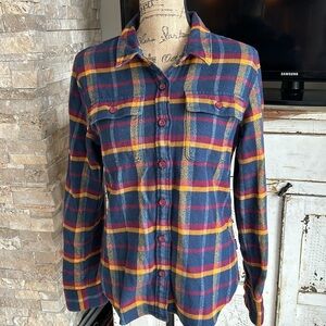 Patagonia Fjord worn wear organic cotton navy mustard burgundy flannel shirt